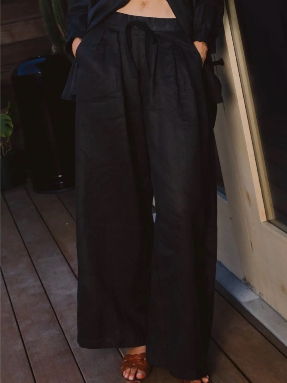 Cleobella Black Wide-Leg Drawstring Trousers